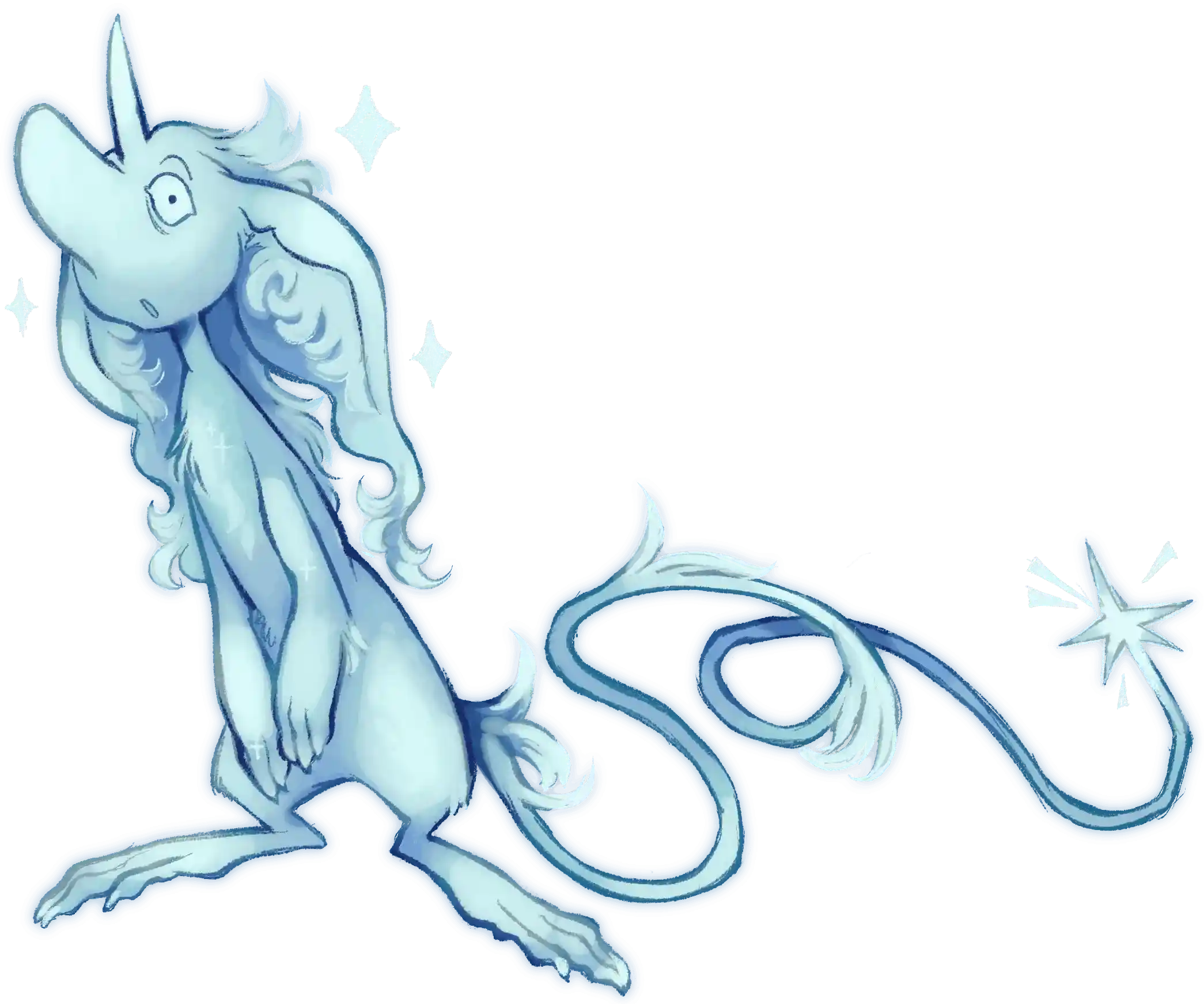 drawing of a white critter with a large snout, a unicorn horn, big droopy ears, and a long star-tipped tail. It's a gobling, standing on its hind legs and staring at the viewer with a surprised and curious expression