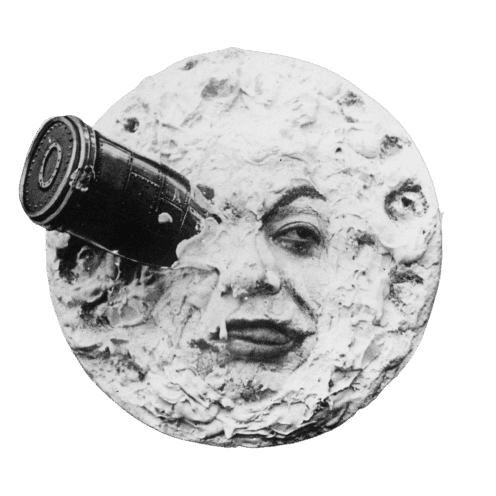 the iconic moon visual from Georges Méliès' 1902 film, 'A Trip to the Moon'. A moon with a human face and a rocket crashlanded into its left eye