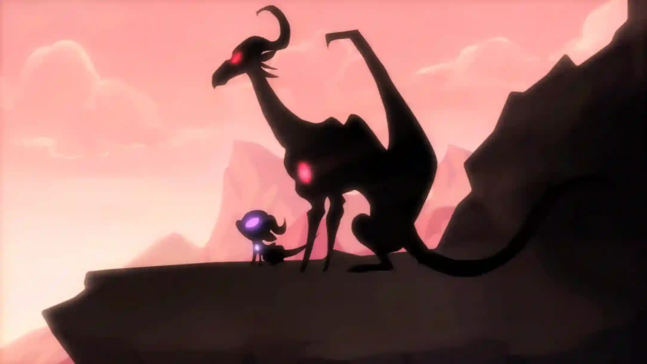 A screenshot from an animated thesis film. Two dragon silhouettes, a mother and her child, sit on a rocky cliff against a pink sky